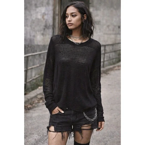 Women Black Open Knit Sweater Strappy Back Lightweight Long Sleeve Top Size Med - Picture 2 of 9